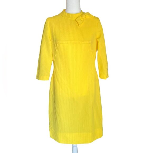 Vintage Jean Lang Originals Dress Bright Yellow Bow Shift Mod 60s No Size - Picture 1 of 7